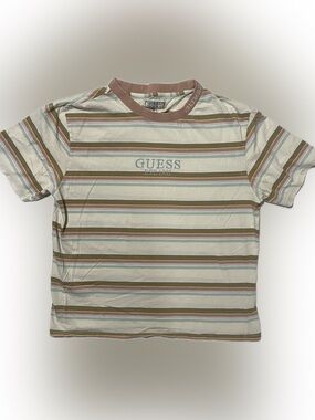 GUESS vintage style but Striped Short-Sleeve Crew Tee in Cream, Brown, and Green
